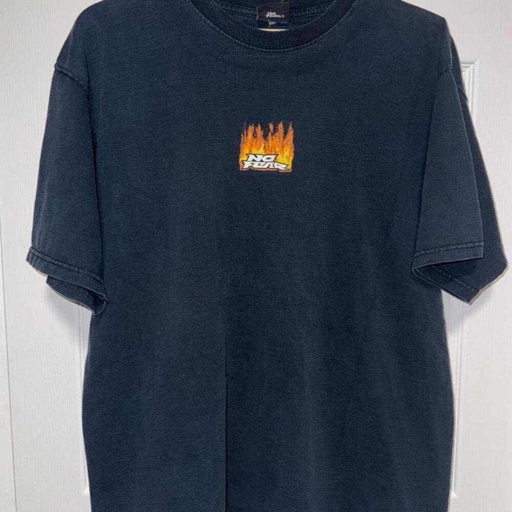 Vintage Y2K Rare No Fear Flame Cross Faded Baggy Black T-Shirt